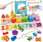 Cmiolacuna Montessori Toys for Toddlers 1-3 Year Old 5 in 1 Wooden Toys Sorting & Stacking Toys Magnetic Fishing Game Educational Toys for Age 2 3 4 Year Olds Boys Girls Birthday Gifts