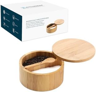 KITCHENDAO Bamboo Salt and Pepper Bowl Box Cellar Container Divided, Built-in Serving Spoon to Avoid Dust, Swivel Lid to Keep Dry, Sea Salt Spice Seasoning Keeper Holder, Dual 7 Ounce Capacity