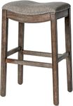 Maven Lane Adrien 31 Inch Bar Height Upholstered Backless Saddle Barstool in Dark Walnut Finish with Ash Grey Fabric Cushion Seat