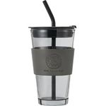 KELVEE Glass Coffee Sipper Mug With Leather Grip Pack Of 1, Clear Drinking Glasses Tumblers With Straws And Lids For Iced Tea, Juice, Cocktail, Smoothies Cold & Hot Drink Cups (Smokey Grey), 400 Ml