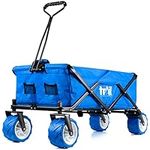 Trail Beach Trolley Cart Folding Camping Festival Wagon With Pull Along Handle, All Terrain Wheels, Drink Pockets, 60KG Capacity (Blue)