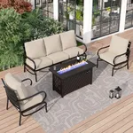 PHI VILLA 4 PCS Patio Furniture with FirePit Table, Outdoor Furniture Set with 1 x 45 Inch Metal Fire Table, 1 x 3 Seater Cushioned Deep Seating Bench, 2 x Armrest Sofa Chairs