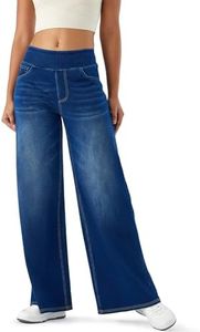 Women's High Rise Wide Leg Jeggings - Stretch Pull On Jeans-Style Pants, Soft Denim with Pockets, Navy(Petite), Medium