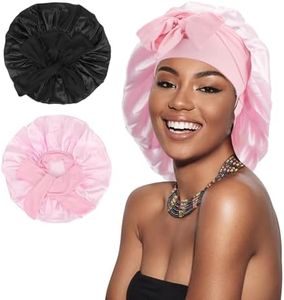 Arqumi Pack of 2 Satin Sleeping Bonnet, Large Satin Sleep Bonnet with Long Strap, Adjustable Sleep Cap Hair Bonnet for Women & Men, Black+Pink