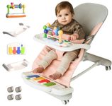 CuddoBaby Baby Bouncer 4-in-1 with Wheels, Detachable Piano, Feeding Tray, Play Bar, Thick Base. 3-Level Incline Portable Seat for Infant to Toddler 0-6, 0-12, 12-24 Months, Upto 29Lbs. Unisex - Pink