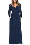 WNEEDU Womens Fall Dresses 2024 Lace Long Sleeve Maxi Dress V Neck Wrap Waist Casual Long Dress with Pockets 2024 New Navy Blue XL