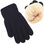 Winter Gloves for Boys Girls - Kids Warm Knit Thermal Cable Knitted Gloves Black Wool Fleece Lined Mittens for Cold Weather