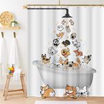 Cute Raining Dogs Shower Curtain Funny Dog Cartoon Corgi Kids Bathroom Decor Hilarious Cute Animal Pets Playing Water Doggy Paw Design Children Shower Curtains Waterproof Fabric with Hooks, 72''x72''