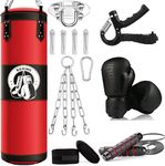 Hanging Punching Bag for Adults,Unfilled PU Hanging Boxing Bag Set, Heavy Punching Bag Punching Gloves, Wraps, Chain, Ceiling Hook for MMA Karate Taekwondo Muay Thai Home Gym Training (Red)