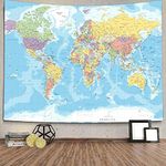 World Map Tapestry Wall Hanging for Kids Student, World Map with Detailed Major and Cities National Flag Tapestry Educational Tapestry for Bedroom Living Room Dorm Home Decoration 60 x 51Inch