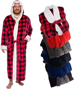 Ross Michaels Mens Robe Big & Tall with Hood - Long Buffalo Plaid Sherpa Lined, Red/Black Plaid, S-M Plus Tall