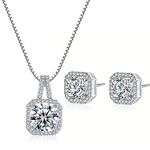 925 Sterling Silver Women Necklace Earrings Jewellery Set Round Cubic Zirconia Gift Box for Party Wedding Vacation (Square se)