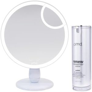 PMD Beauty LED Makeup Mirror with Lights - TriLume Technology - Handheld Vanity Mirror - Three Modes, 360° Rotation, 5X Magnification, Travel Ready - with Review Serum