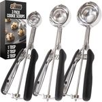 GORILLA GRIP Stainless Steel Multipurpose BPA-Free Spring Scoop, 3 Pack Includes 1, 2, and 3 TBSP SIzes, Melon Ballers Scoops, Perfect Portion Sizes, Easy Squeeze, Clean Release, Black