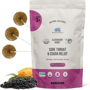 MommaBear Organics Handcrafted Kids Cough Lollipops (Ages 2-11) - Natural Sore Throat Relief & Cough Drop Suckers - Elderberry Bits, Honey & Organic Flavors - Tightly Sealed for Freshness - 10 Count