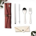 Rusabl Stainless Steel Cutlery Set (Pack of 5), Reusable Travel for Daily Use, Gifting and Traveling, Spoon and Fork Set (Spoon, Fork, Steel Straw, Cleaner, Napkin and Jute Pouch (Red)