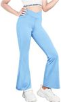 Zaclotre Girls Flare Leggings High Waisted V Crossover Casual Yoga Bell Bottoms with Pockets Pants for Kid Blue