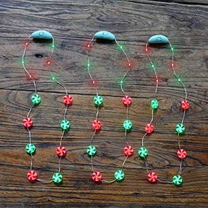 Holiday Party Glowing in The Dark Accessories Christmas Lighting Up LED Red Green Candy Necklace Set of 3 with Multi Flashing Function for Christmas Procession