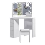 Panana Corner Dressing Table with LED Light, Vanity Table with 5 Drawers and Stool, Makeup Table for Home Furnature (White-Bulb)