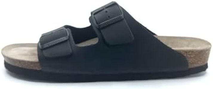 Genuins Black Hawaii Oiled Leather Sandals Cushioned Cork Footbed Slide Ergonomic Arch Support Adjustable Buckle Strap EVA Lightweight Sole Casual Walking Comfort Wear Shoe, 15 US Women / 13 US Men
