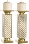 Schonwerk Diamond Lattice Decorative Pillar Candle Holders, Set of 2- Functional Table Decorations- Centerpieces for Dining/Living Room- Best Wedding/Birthday (Gold & White)