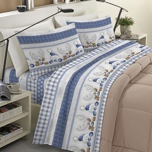 Banzaii Completo Lenzuola Invernale Felpate in Flanella Anti-Pilling 100% Cotone Matrimoniale (per Materasso 160/170 cm, Altezza Fino a 35 cm) Renne Blu