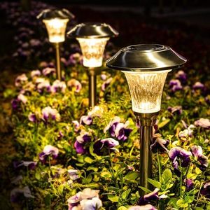 GIGALUMI 8 Pack Solar Pathway Lights, Solar Pathway Lights Outdoor Warm White, Waterproof Glass Stainless Steel Automatic Solar Landscape Lights for Patio, Yard, Lawn, Garden and Path (Silver Finish