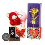 TIED RIBBONS Birthday Wedding Anniversary Gift for Girlfriend Wife Girls Women - Romantic Teddy Bear Card Pendant and Artificial Golden Rose Flower with Box Hamper
