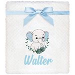 TeddyT's Personalised Elephant White Waffle Baby Blanket with Embroidered Metallic Sparkle Silver Elephant (Baby Blue)