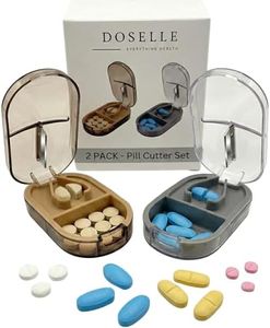 Doselle 2 Pack Pill Cutter for Small or Large Pills – Professional Medicine Splitter with Clear Cover & V-Grip Centering Device – Accurate 1/2 & 1/4 Cuts for Oval & Round Tablets (Gray & Brown)