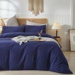 LIFETOWN 100% Washed Cotton Duvet Cover Set Linen Feel Natural Wrinkle Lightweight Comfy (Queen, Navy Blue)