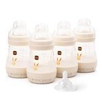 MAM Easy Start Anti-Colic Baby Bottles | 4 Pack (4X 160ml) | Self-Sterilising Baby Milk Bottle | Slow Flow MAM Teats Size 1 + 1x Medium Flow Teat Size 2 | Linen (Various Designs)
