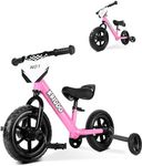 KRIDDO 2-in-1 Kids Tricycle and Toddler Balance Bike 2 Year Old, Detachable Pedals and Stowable Training Wheels, DIY Plate, Riding Trikes Toy for Ages 18 Months to 3 Years, Pink