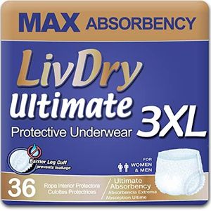 LivDry Ultimate 3XL Adult Incontinence Underwear, Max Absorbent Diapers for Women and Men, XXXL 72” -92" Waist, Leak Proof Cuff, XXX-Large, 36 Count