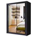 A.C. Milan Modern Double Mirror sliding door wardrobe with LED Light Width 100cm/120cm/150cm/180cm/203cm/250cm (150, Black)