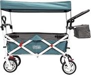 Creative Outdoor Distributor Push and Pull Double Stroller for Toddlers & Kids with Removable Canopy and Seat Belt Harnesses, Collapsible Folding Garden Cart, Adjustable Handle, Beach Wagon (Teal)