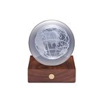 Gingko Amber 3D Laser Engraved Premium Crystal Light with Wooden Walnut Base, LED Lights, Touch Control Button, 4 Light Brightness, USB-C Charging, Packed in Premium Gift Box (World Globe)