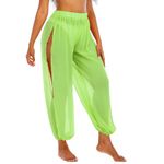 American Trends Womens Swimsuits Cover Up Pants for Women Ruffle High Waist Swimwear Pants Sheer Beach Bikini Bottoms, Neon Green, Large