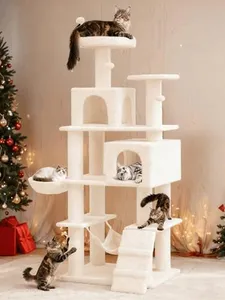 DWVO 75-inch Indoor Cat Tree Tower, Multi-Level Pet Playground, Cat Furniture with Scratch Posts, Hideaway Condos, Soft Perch, Snug Hammock, Climbing Ladder, and Plush Balls for Kittens (Beige)