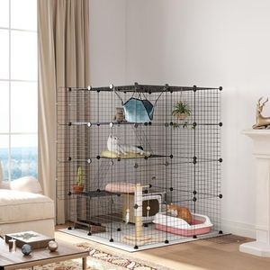 PawHut Cat Cage Indoor, DIY 4 Tier Wire Cat Enclosure with Hammock, Ramps, Doors, Jumping Platforms, Detachable Catio Indoor for 1-3 Cats, 105 x 105 x 140 cm, Black