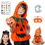 Sarvda Pumpkin Dress for Kids | For Boys and Girls | Halloween Cute Funny Pumpkin Costume | Pumpkin Candy Basket | Mask | Cap | Teeth | Fun Tattoo | For 4 to 5 Year Kids