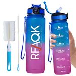 RFAQK 32oz Water Bottle With Time Markings-Straw Cleaner and Cleaning Brush- BPA Free Tritan Material, 1L Wide Mouth Leak Proof, Sweat & Odor Free For Daily Fitness, Gym, Jogging, Yoga Workouts