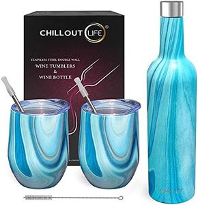 CHILLOUT LIFE Stainless Steel Wine Tumblers 2 Pack 12 oz & 1 Insulated Wine Bottle - Double Wall Vacuum Insulated Wine Cups with Lids and Straws Set - Ocean Marble