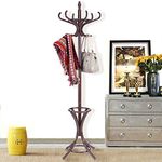 CASART Wood Coat Rack, Freestanding Clothes Stand with 12 Hooks and Umbrella Holder, 186cm Tall Hall Tree for Home Office Hallway Bedroom (Mahogany)