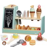 Giant Bean Ice Cream Toys for Kids, 25 PCS Wooden Ice Cream, Coffee and Frozen Treat 3-in-1 Counter Playset, Toddler Pretend Play Kitchen Accessories,Kids Wooden Toys for 1+, Christmas Birthday Gift