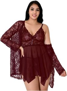 Fihana Women's Babydoll Dress | Net and lace | Solid Above Knee Nighty | Babydoll Dress Short | Babydoll Nightwear Robe | Robe | Adorable Babydoll Dress Women Pack 2 Piece Combo, Maroon (L,1)