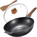 Non Stick Wok Pan with Lid, 12.5 In Granite Stir Fry Pan for Cooking, 32 cm 6 Q Wok with Induction Bottom for Glass, Ceramic, Gas Stove Top, PFOA Free