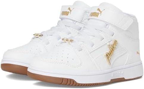 PUMA Rebound Layup Mid Hook and Loop Shoes Sneaker, White-White-Gold AH25, 2 US Unisex Little Kid