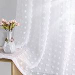 Guken Grommet Pom Pom Sheer Curtains 84 Inch Length 2 Panels for Living Dining Room Textured Curtain for Bedroom Light Filtering Semi Sheer Voile Boho Farmhouse Curtain Panels,White,W52xL84