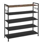 SONGMICS 5-Tier Shoe Rack, Metal Shoe Shelf, Oxford Fabric Shelves, for 20-25 Pairs of Shoes, 29 x 89 x 92.5 cm, 4 Hooks, Open Shoe Cabinet for Hallway Bedroom, Rustic Brown and Black LMR035B01